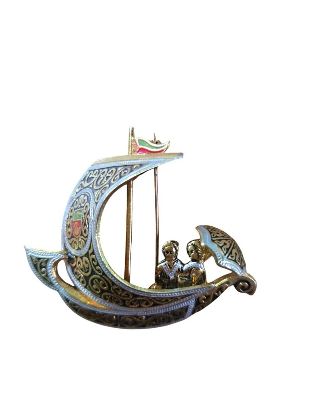 Vintage Damascene Spanish Sailboat Brooch Romantic Couple Beneath Parasol